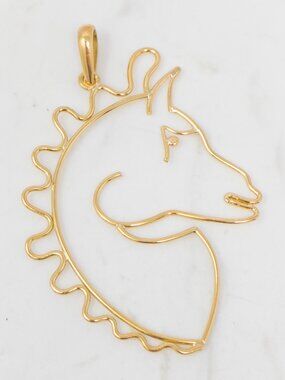 French 18K Yellow Gold Wire Horse Pendant, Owl Hallmark (2.75" x 2")